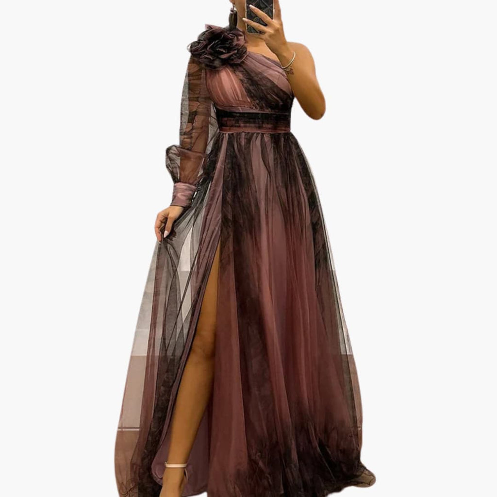 One-shoulder evening gown side split detail