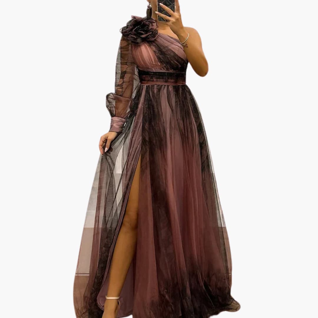 One-shoulder evening gown side split detail