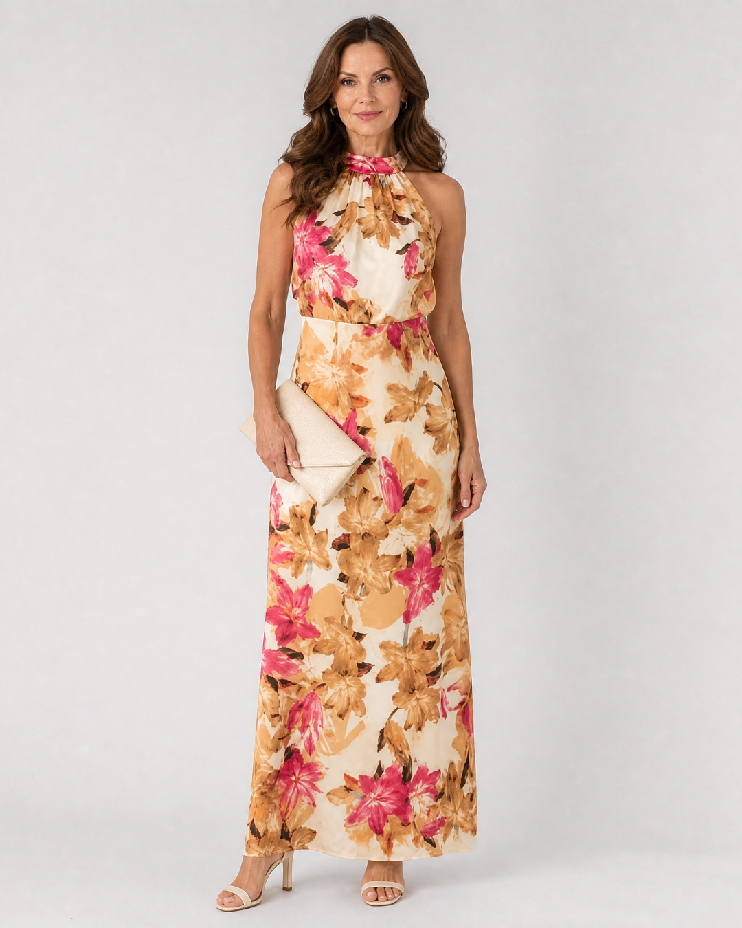 Floral halter neck midi dress in multicolor, front view
