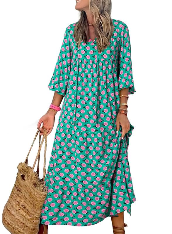 Boho Floral Puff Sleeve Maxi Dress – Casual