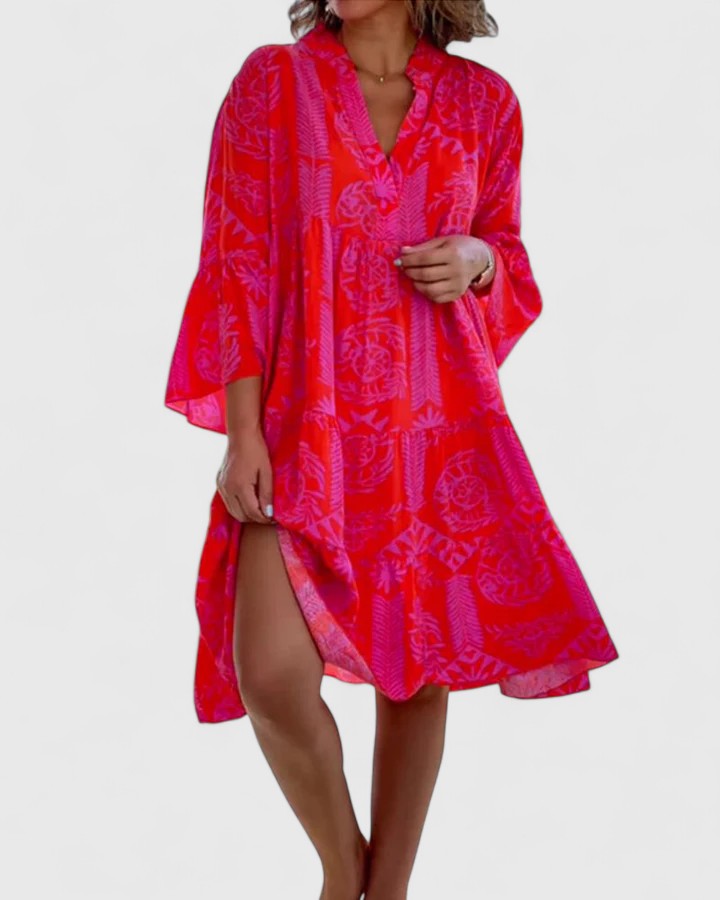 Boho floral print bell sleeve dress, front view