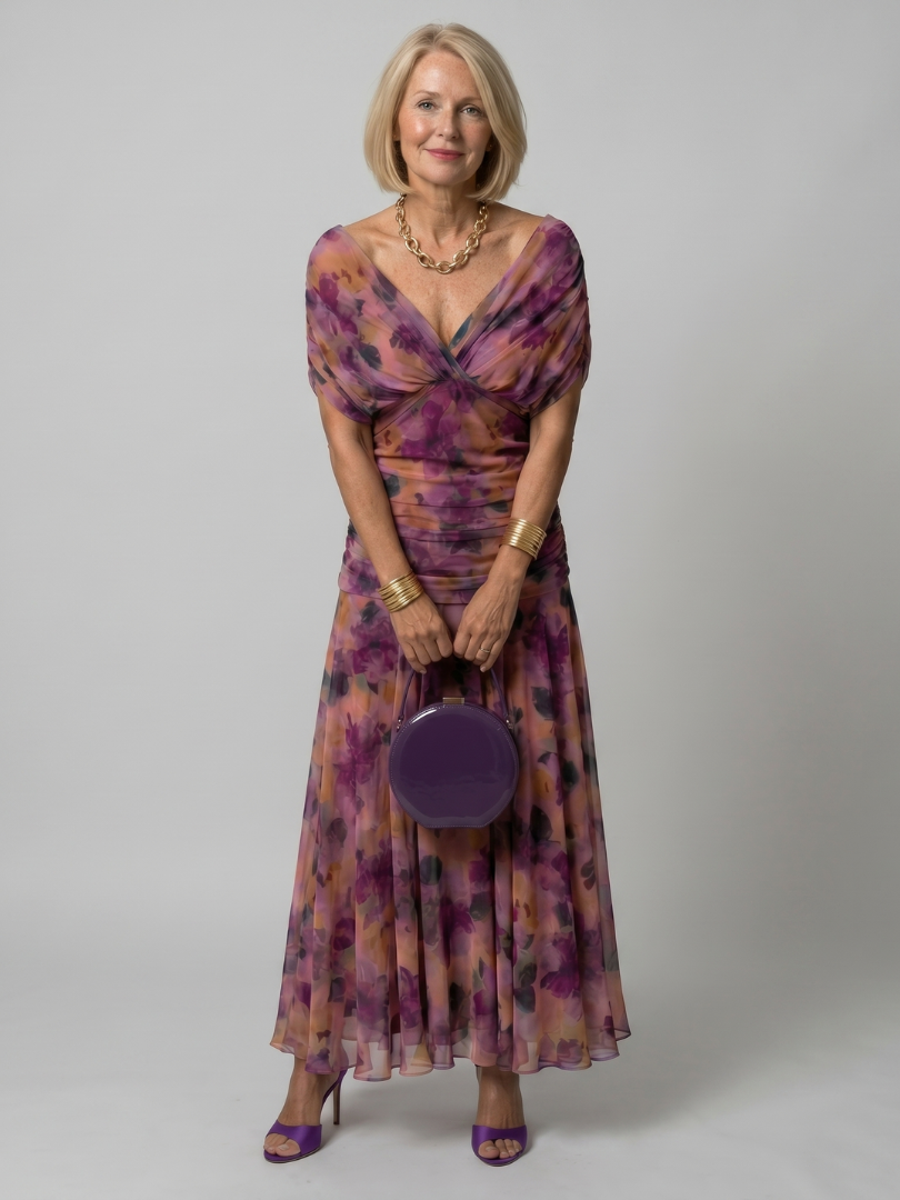 Off-shoulder draped neckline flared midi dress, front view on model