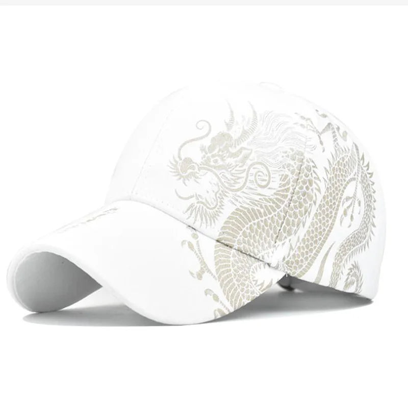 White Year of the Dragon Cap, side view with tonal dragon design
