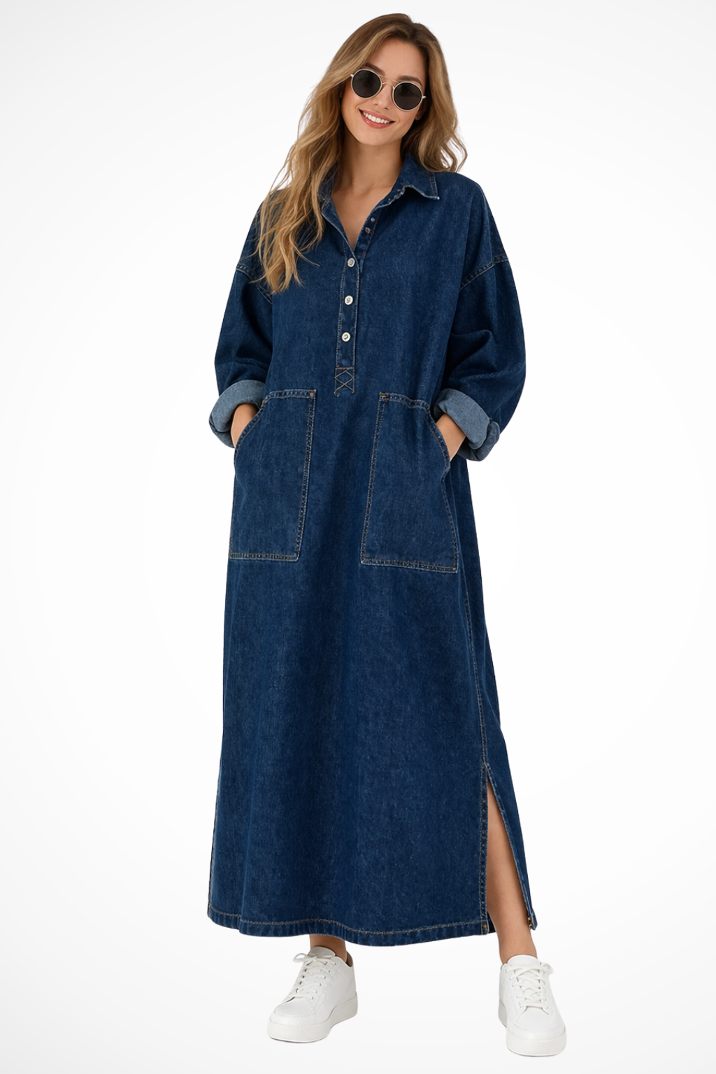 Women's oversized collared denim maxi dress with pockets in blue, front view