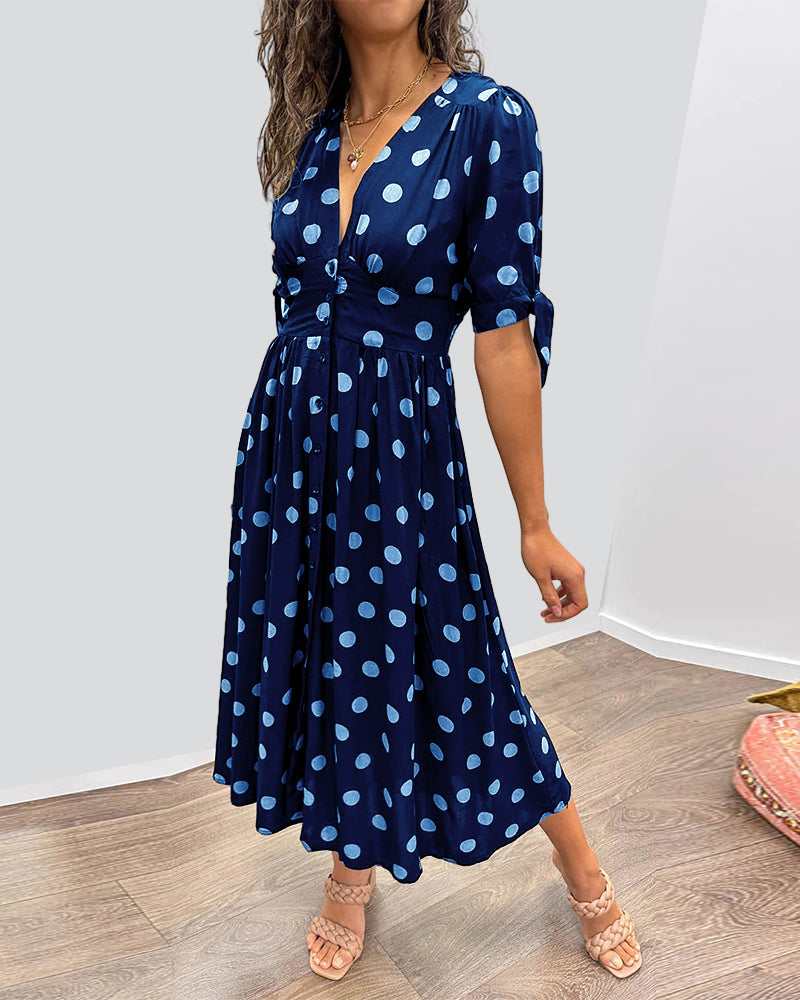 Dark Blue Button Front Polka Dot Dress | Alba Muse