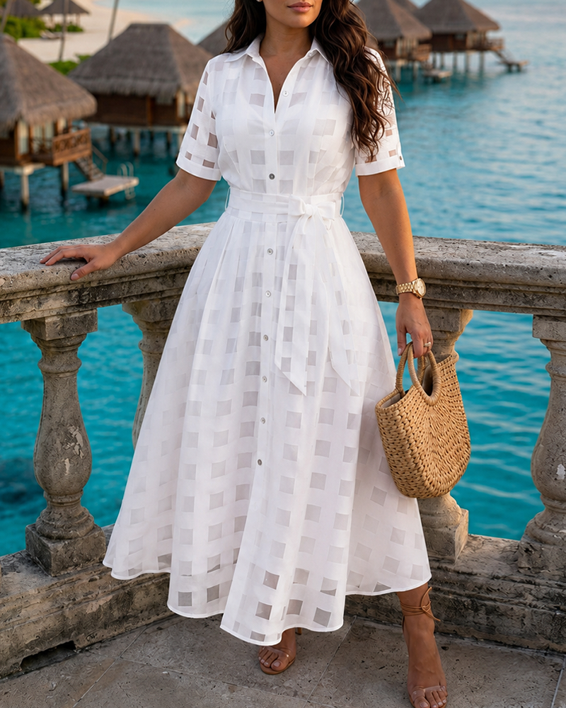 Plaid maxi dress with waist belt on model | Alba Muse