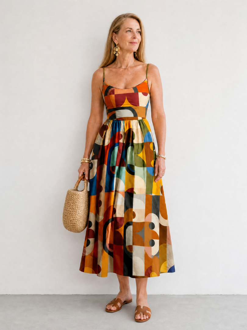 Geometric print midi dress on model | Alba Muse