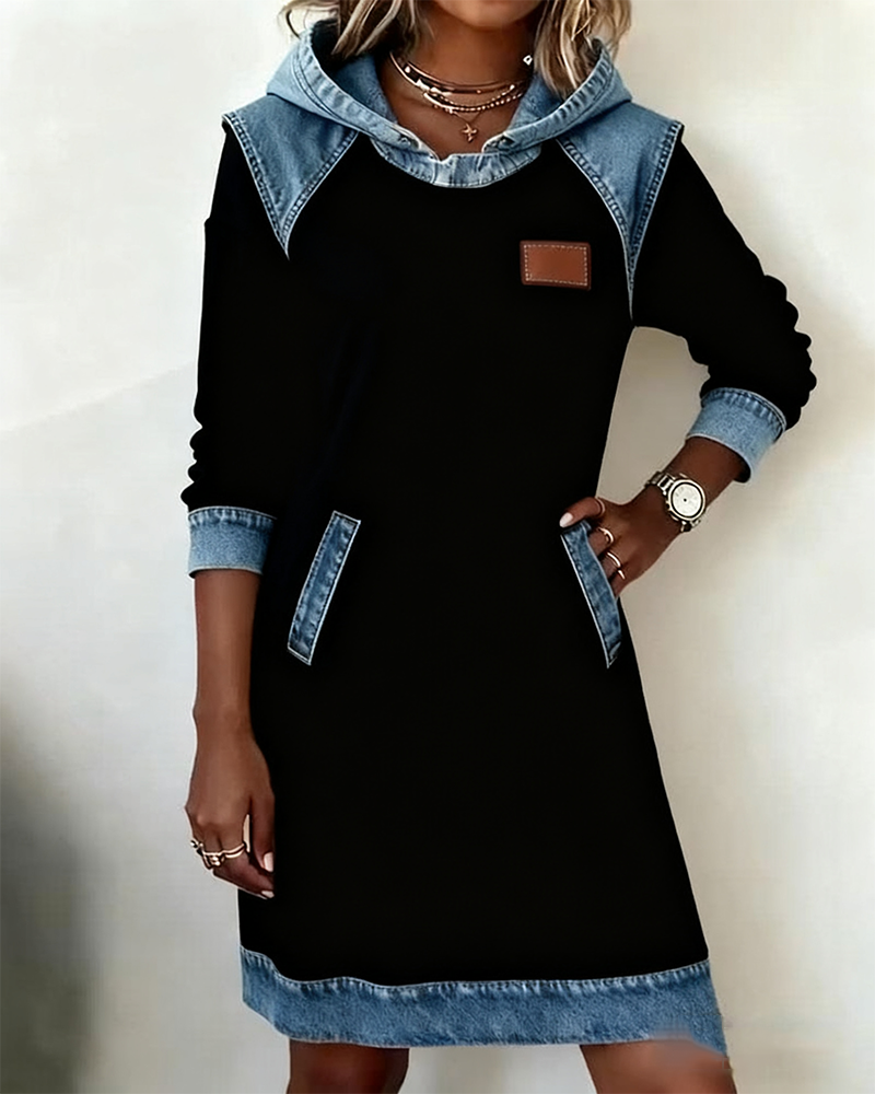 Hooded Panelled Dress in Navy Blue | Alba Muse