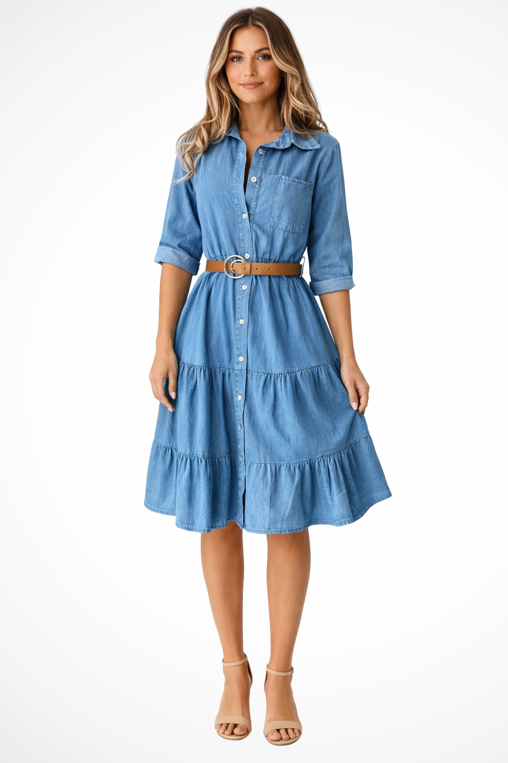 Women's denim tiered midi shirt dress with belt, front view