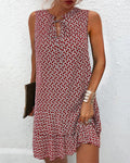 Sleeveless midi dress in red with tummy coverage panel, front view