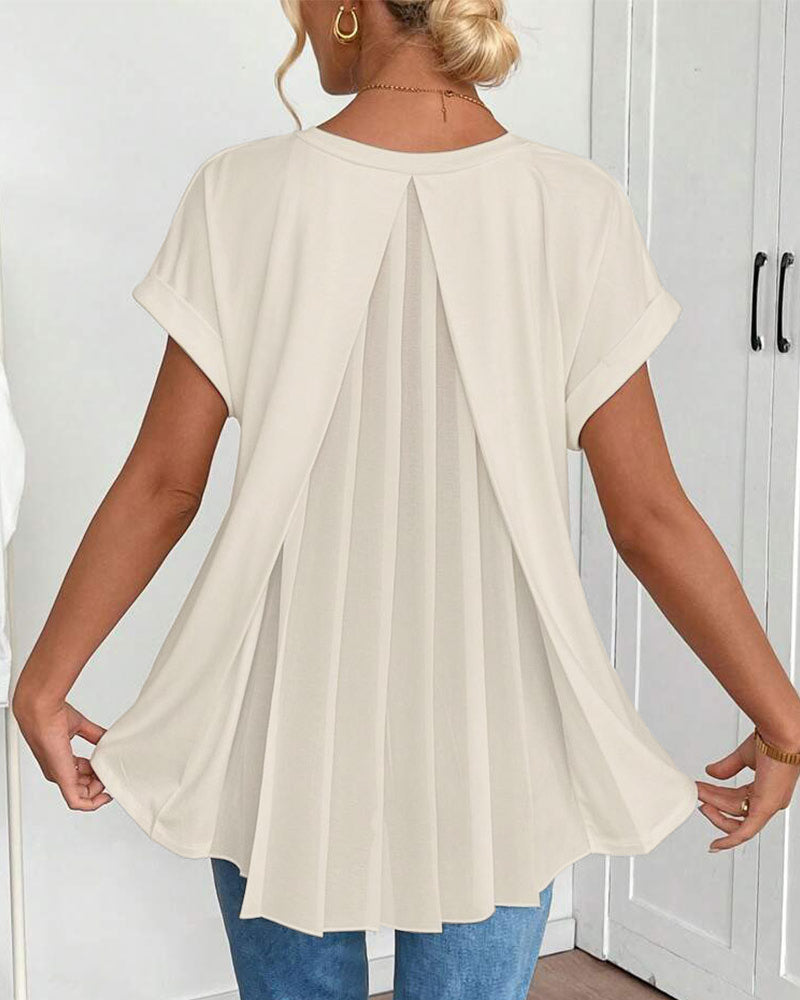 V-neck patchwork short sleeve top, full view
