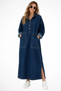 Women's oversized long sleeve collared denim maxi dress with pockets, front view