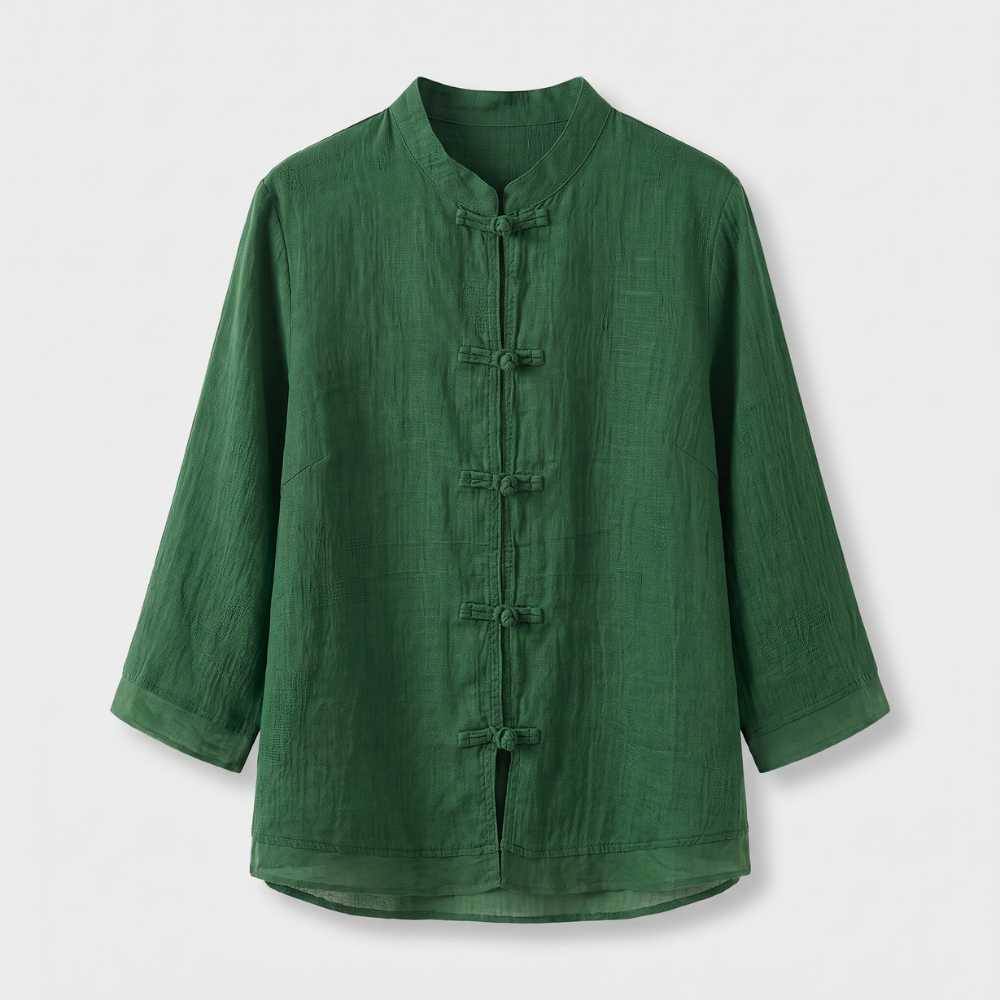 Mandarin Collar Frog Button Linen Blouse