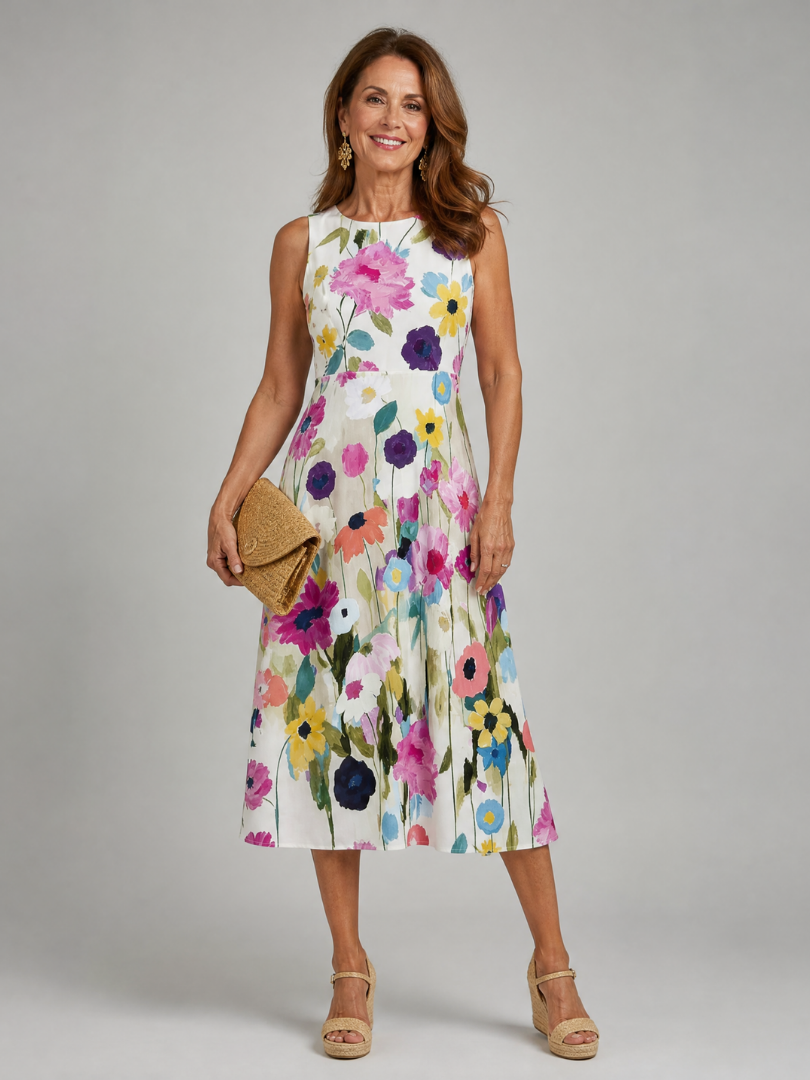 Floral sleeveless round neck midi dress in multicolor, front view