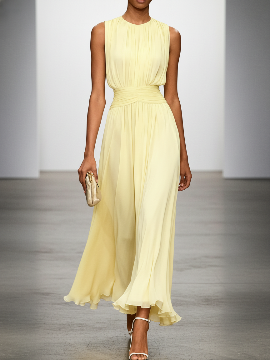 Women's chiffon sleeveless ruched maxi dress in pale yellow, front view