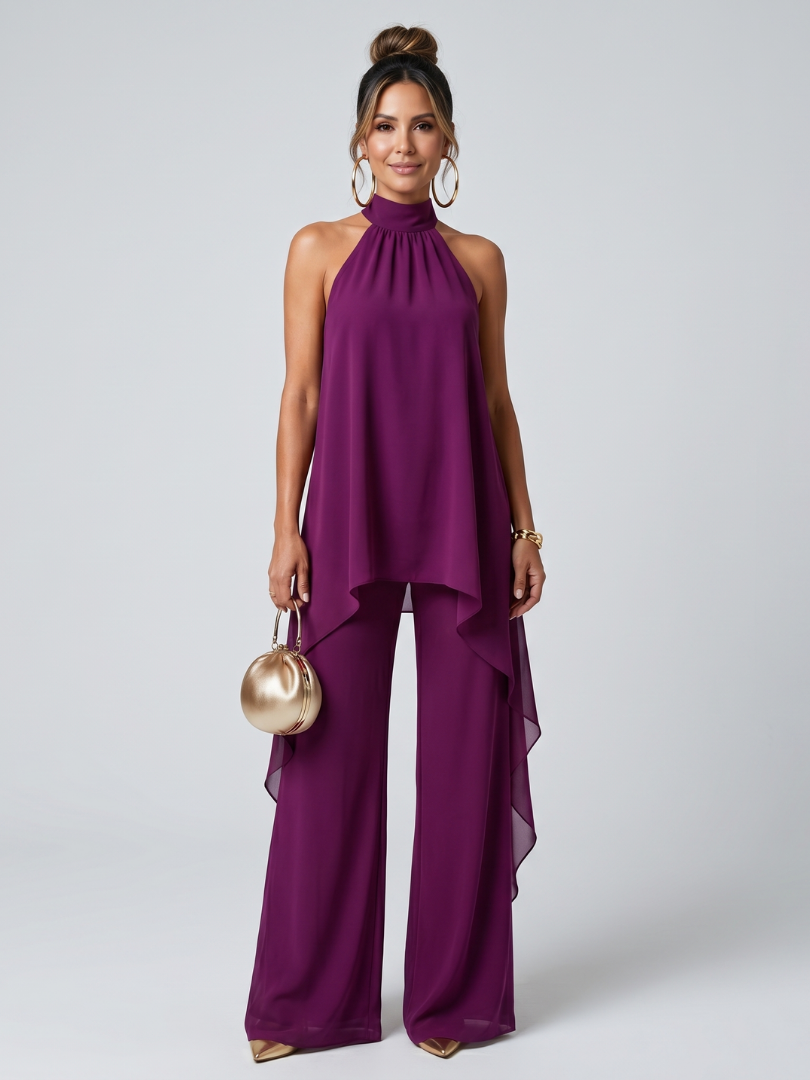 Halter neck asymmetric tunic co-ord set, front view