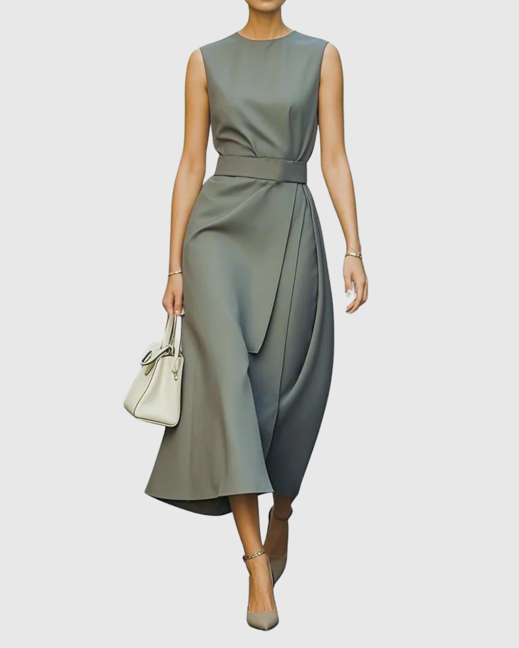 Round Neck Sleeveless Draped Midi Dress
