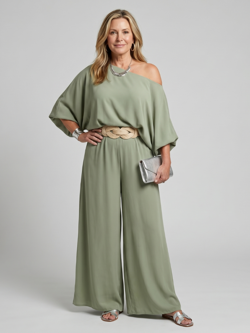 One shoulder wide sleeve top and wide leg trousers set in green, front view