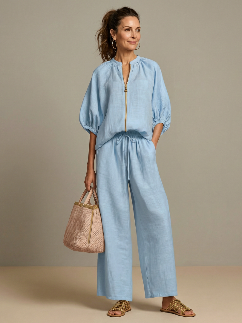 Linen blend wide leg co-ord set on model | Alba Muse