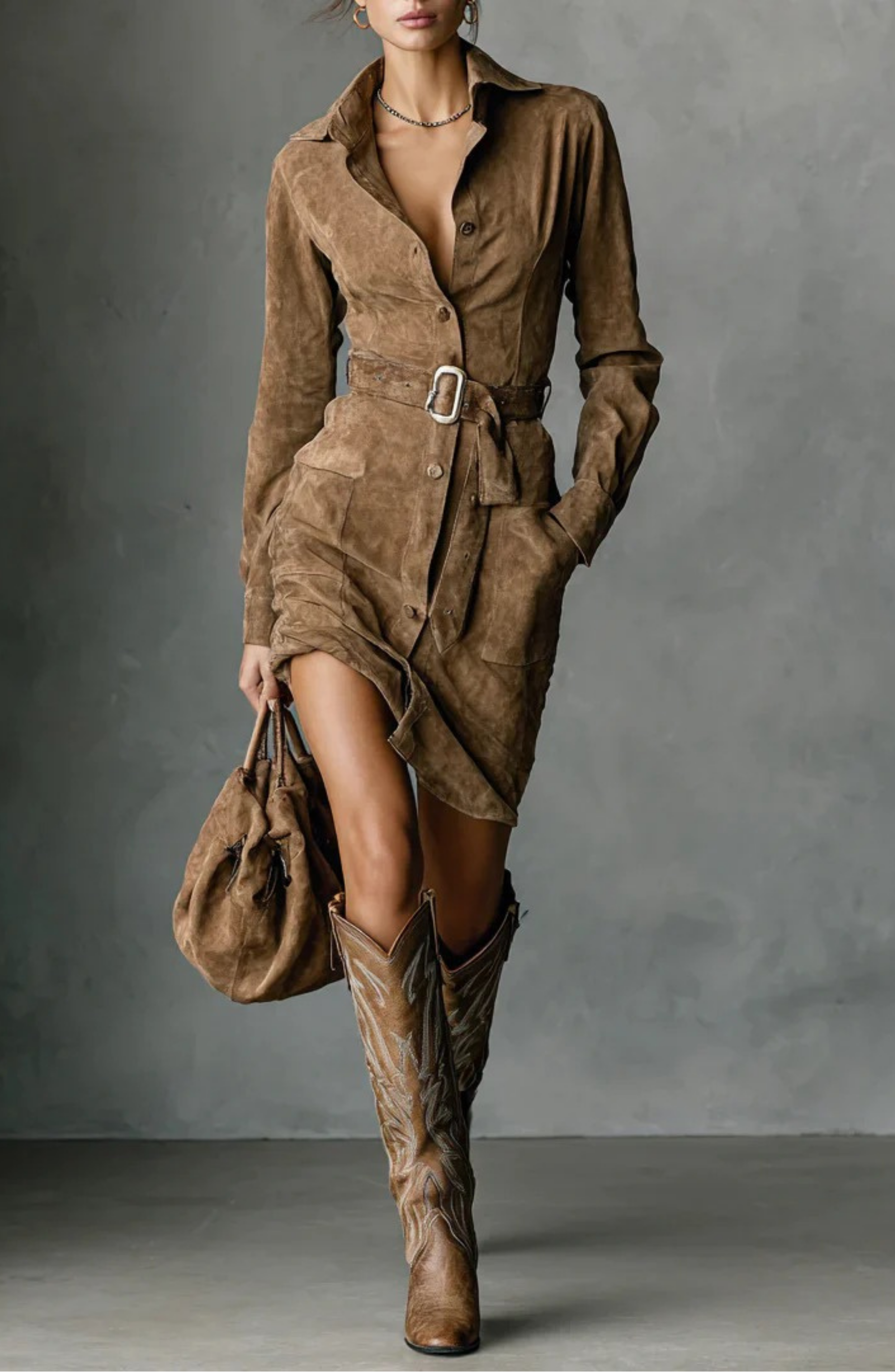 Light Brown Collared Button-Front Shirt Dress, front view