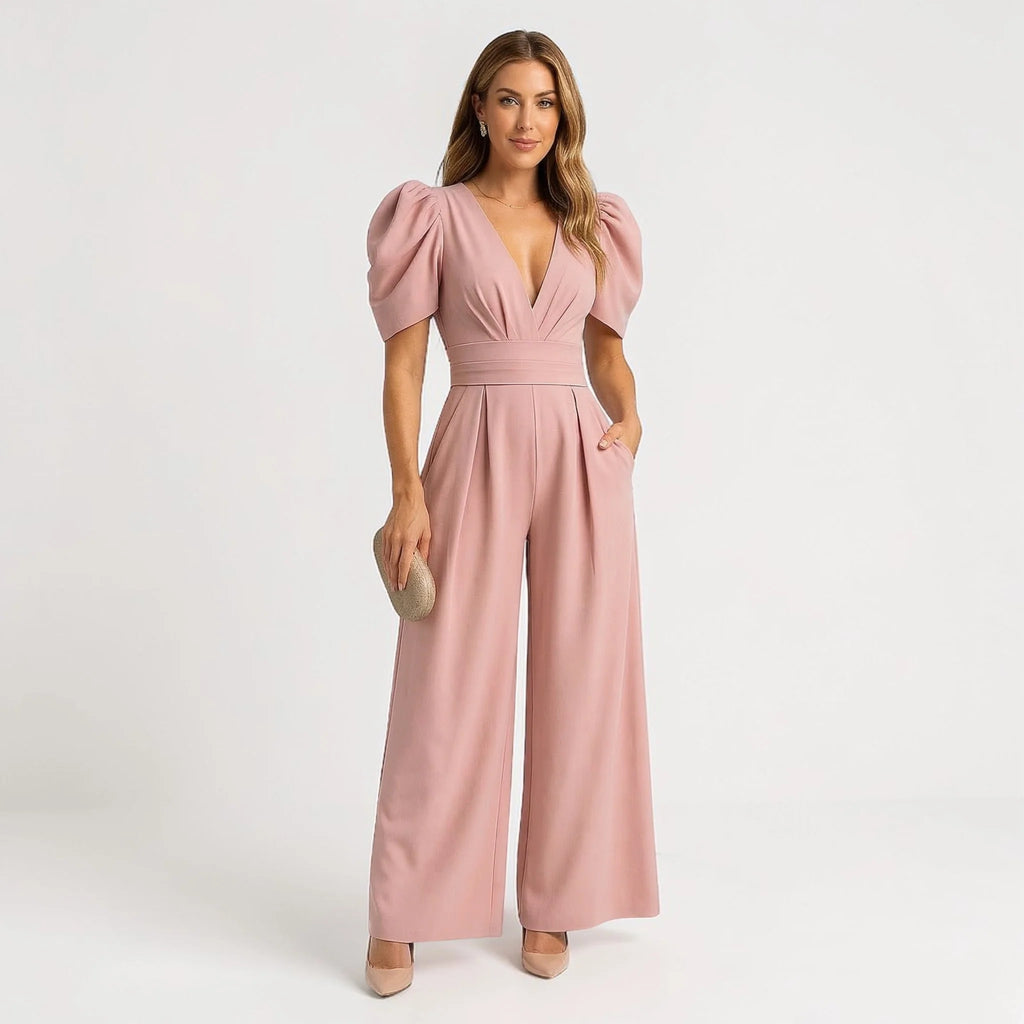 Women's wide leg puff sleeve jumpsuit in peach – full length front view