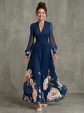 Pleated sheer sleeves maxi dress in navy, front view