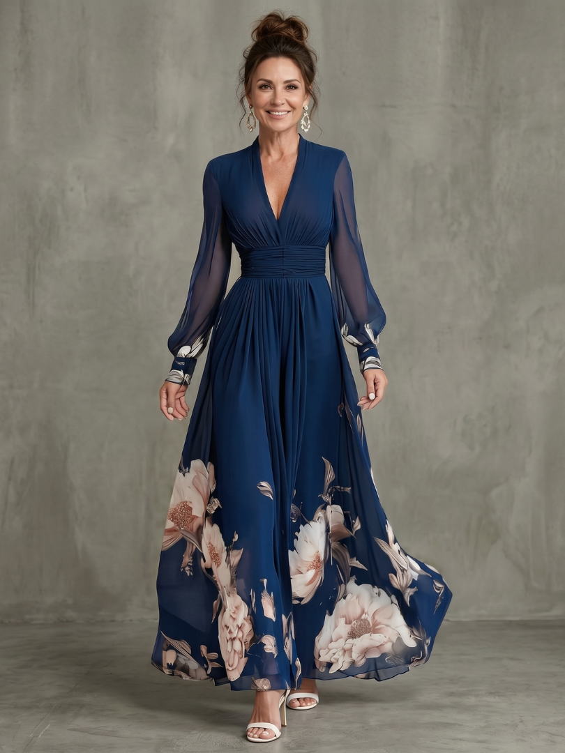 Pleated sheer sleeves maxi dress in navy, front view