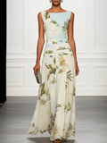Women's Floral Boat Neck Sleeveless Maxi Dress in light blue front view - Elegant Wedding Guest Maxi Dress