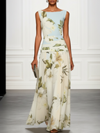 Women's Floral Boat Neck Sleeveless Maxi Dress in light blue front view - Elegant Wedding Guest Maxi Dress