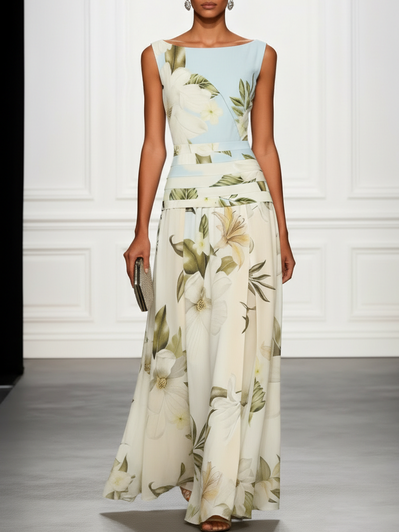 Women's Floral Boat Neck Sleeveless Maxi Dress in light blue front view - Elegant Wedding Guest Maxi Dress