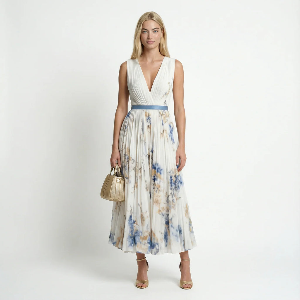 Women's floral pleated maxi dress in white – sleeveless V-neck front view