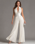 Pleated halter wide leg jumpsuit on model | Alba Muse