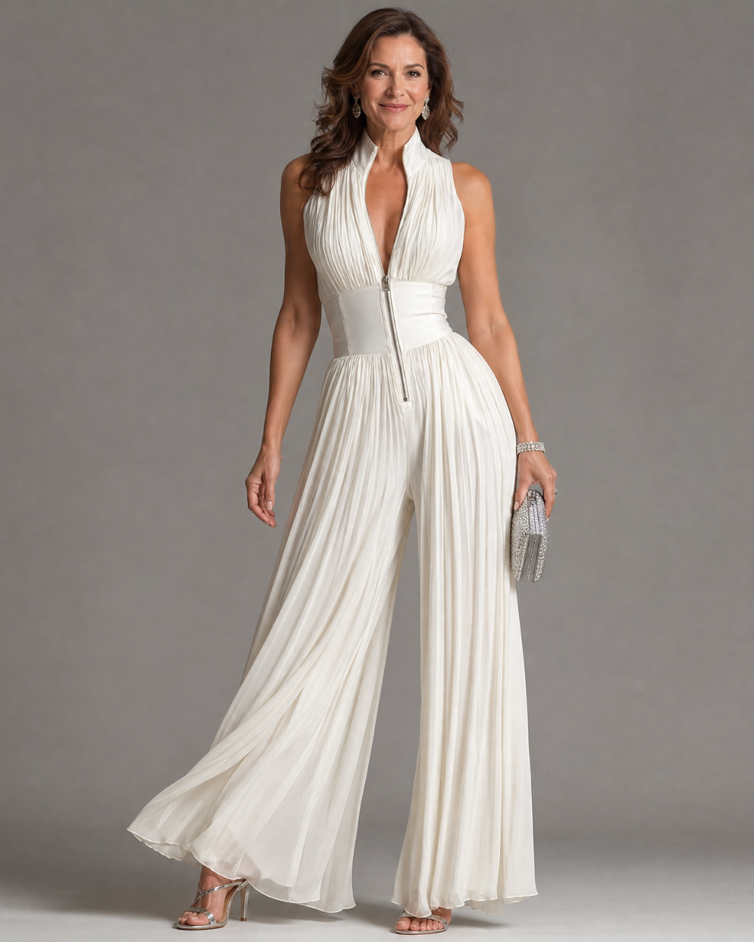 Pleated halter wide leg jumpsuit on model | Alba Muse