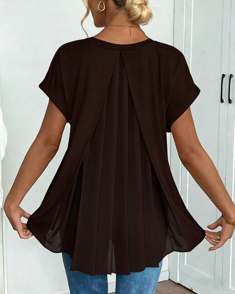 V-Neck Solid Colour Patchwork Short Sleeve T-Shirt