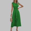 Sleeveless belted A-line occasion midi dress in green, structured front view
