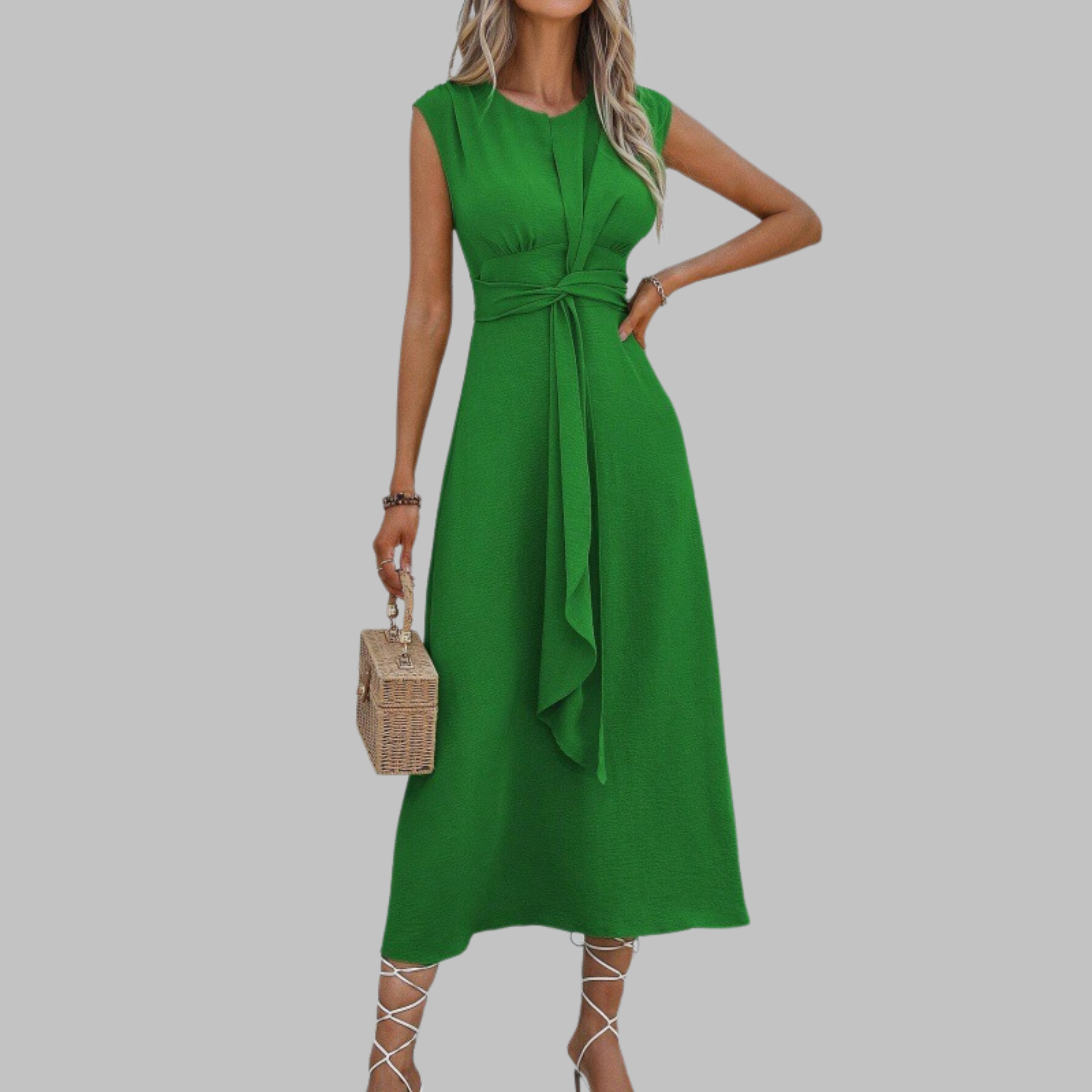 Sleeveless belted A-line occasion midi dress in green, structured front view