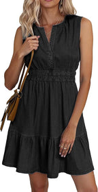 Women's denim mini dress styled for a casual summer outing