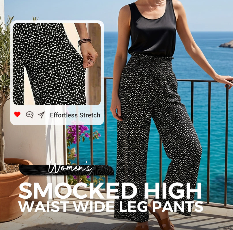 Women's smocked high waist wide leg trousers, front view