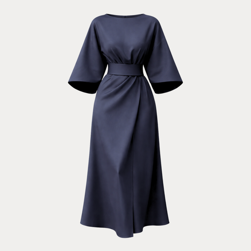 Women's belted midi dress with wide sleeves, front view