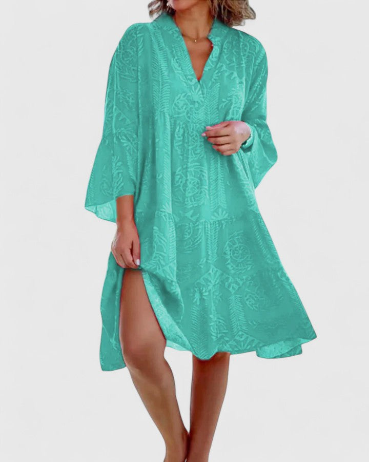 Bell sleeve V-neck boho dress in floral print, alternate front view