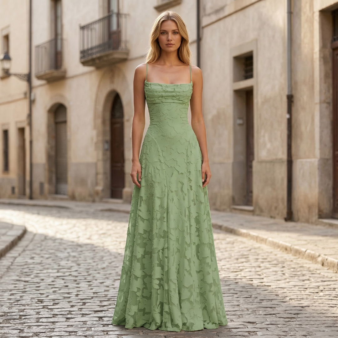 Women's spaghetti strap A-line formal maxi gown in sage green, front view