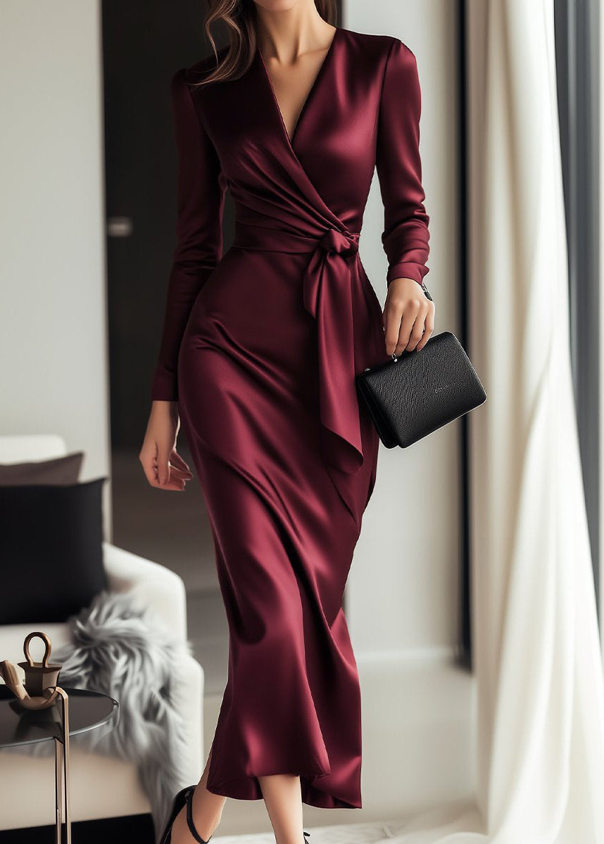 Women's long sleeve satin wrap dress with waist tie, front view
