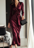 Women's long sleeve satin wrap dress with waist tie, front view