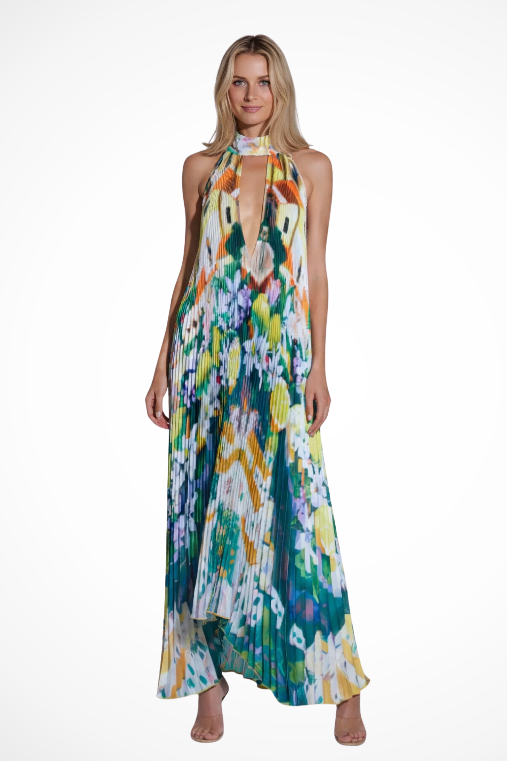 Women's pleated halter neck maxi dress in vibrant floral print, full length back view
