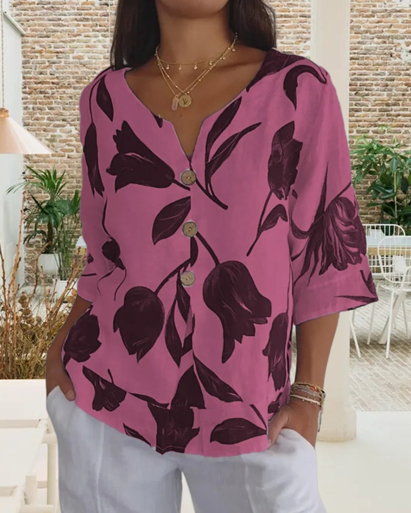 Floral Print Three Quarter Sleeve Cotton Linen Blouse