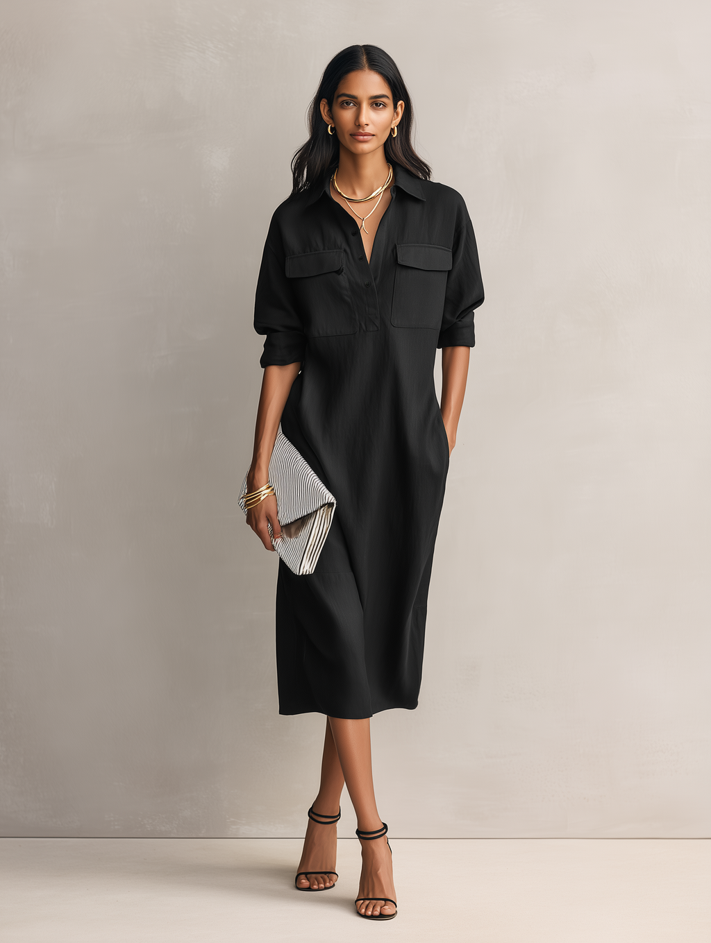 Black shirt collar short sleeve midi dress