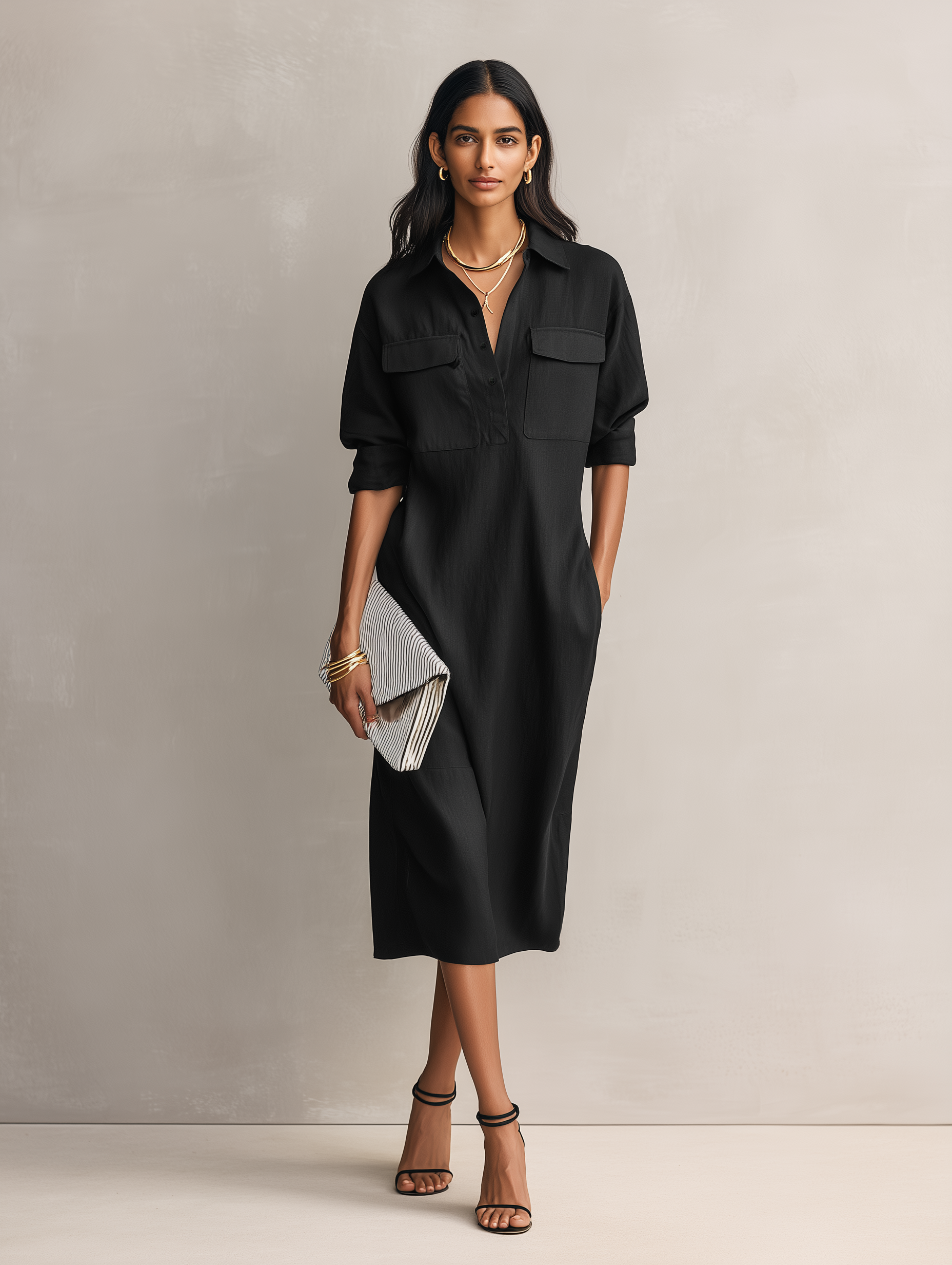 Black shirt collar short sleeve midi dress