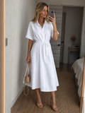White button front waist tie midi dress, front view