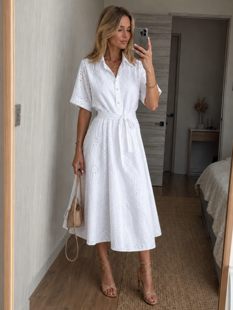 White button front waist tie midi dress, front view
