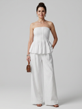Women's strapless smocked peplum top and wide leg pants co-ord